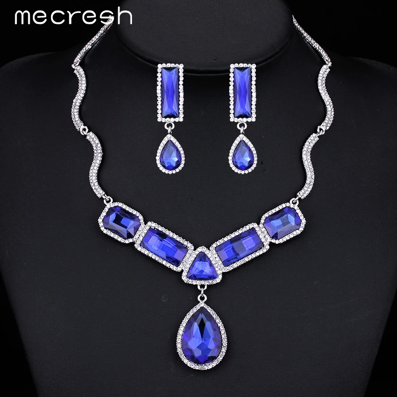 Набор свадебных ювелирных изделий Mecresh зеленый/синий цвет ожерелье и серьги с