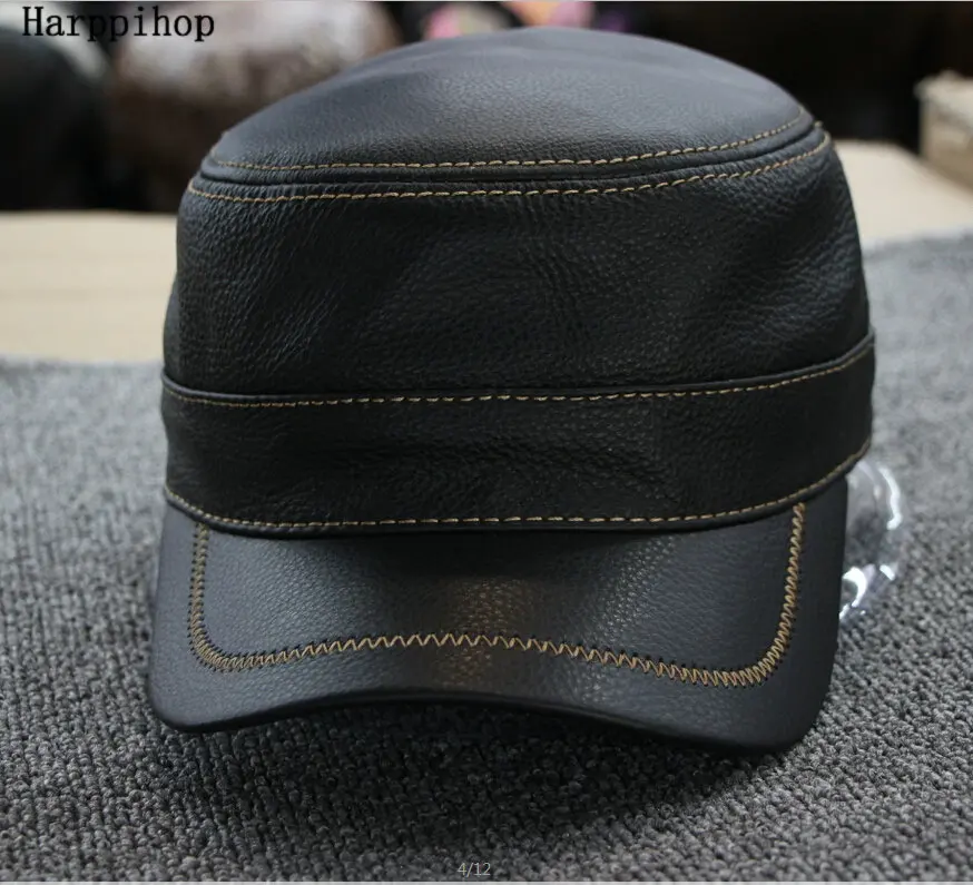 Мужская теплая шапка из 100% натуральной воловьей кожи в стиле милитари для улицы