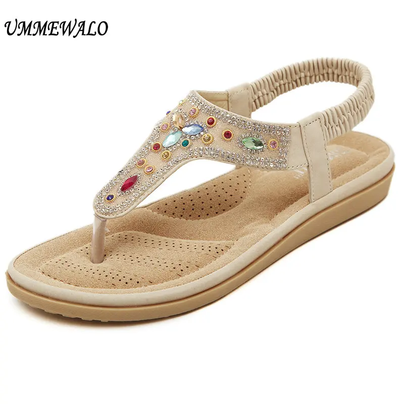 

UMMEWALO Sandals Women T-strap Flip Flops Thong Flat Sandals Rhinestone Designer Elastic Band Gladiator Sandal Shoes Summer