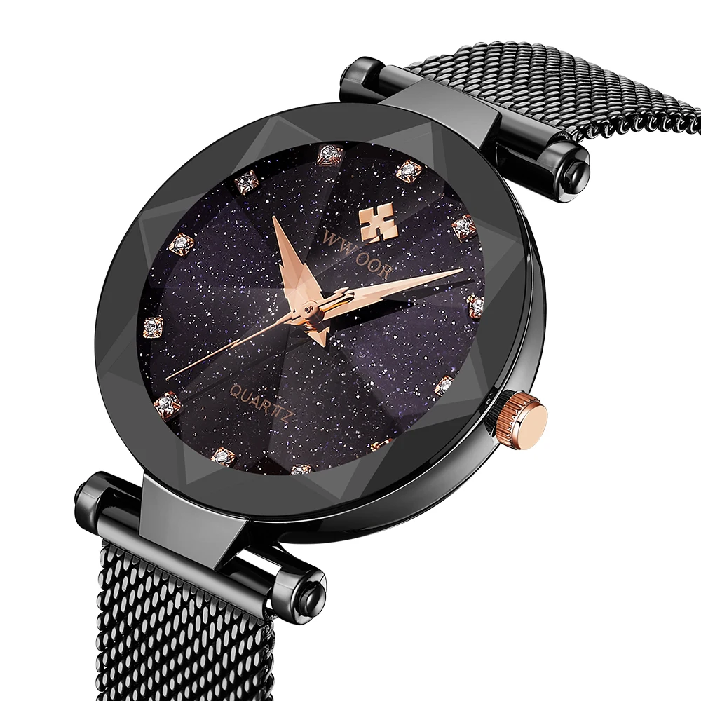 

New Style WWOOR Women Dress Watches Rhinestone Luxury Brand Ladies Quartz Watch Stainless Steel Mesh Band Casual Black Bracelet