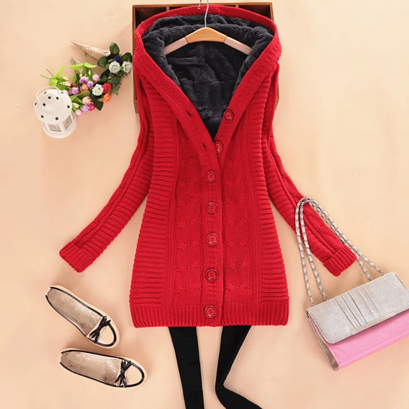 Женский теплый флисовый кардиган однотонный свободный трикотажный с капюшоном и