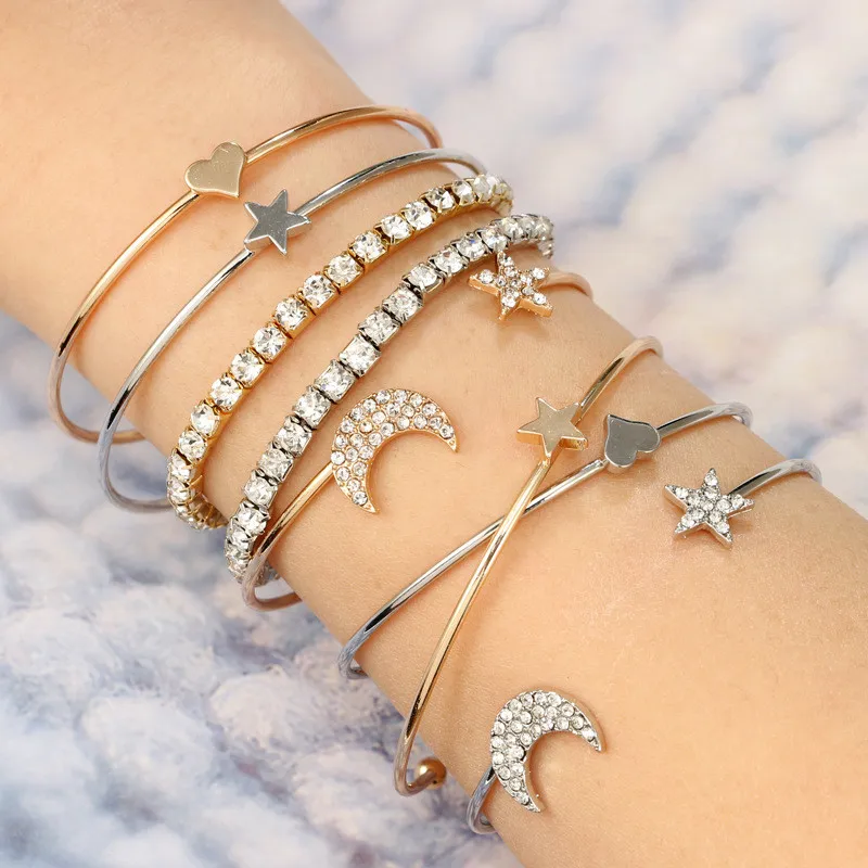 HOCOLE 4pcs/set Moon Star Heart Charm Cuff Bracelets&amp Bangles Gold Silver Color Micro Paved Crystal Bracelet Sets For Women - купить по