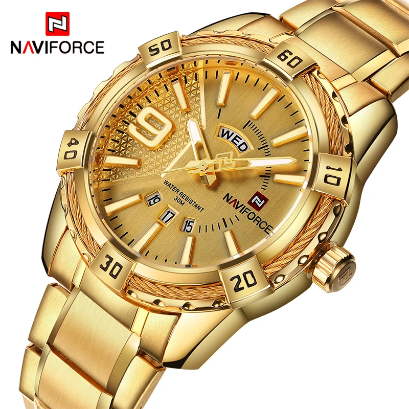 Часы наручные NAVIFORCE Мужские кварцевые модные роскошные брендовые золотистые