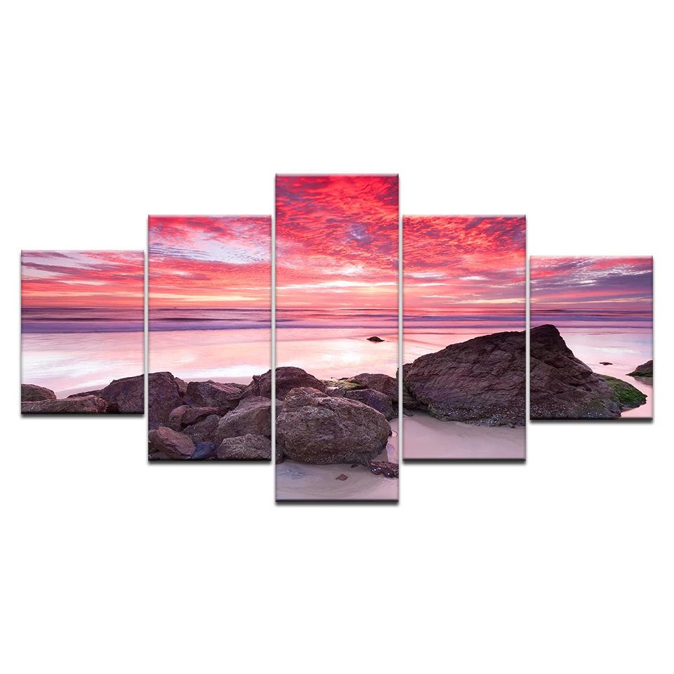 5pcs HD Printing Canvas Painting Beach Sunset Seaside Art Group Home Decor Wall Poster Modular Photos | Дом и сад