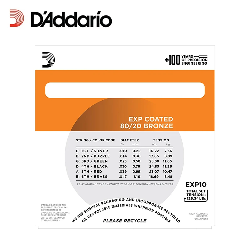 Струны для акустической гитары d' addario EXP10 NY Steel 80/20 с покрытием Экстра легкие 10-47