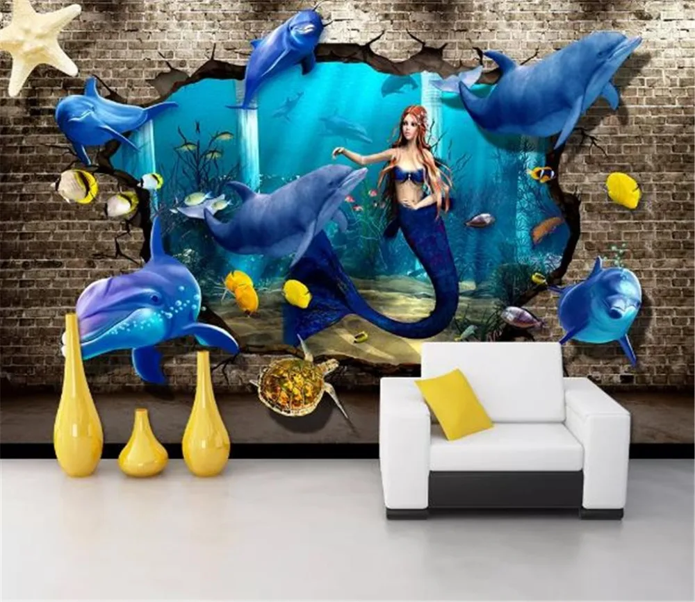 Custom Any Size 3d Wallpape Underwater World Dolphin Turtle Mermaid 3D Through the Wall TV Background Decoration Wallpaper | Обустройство