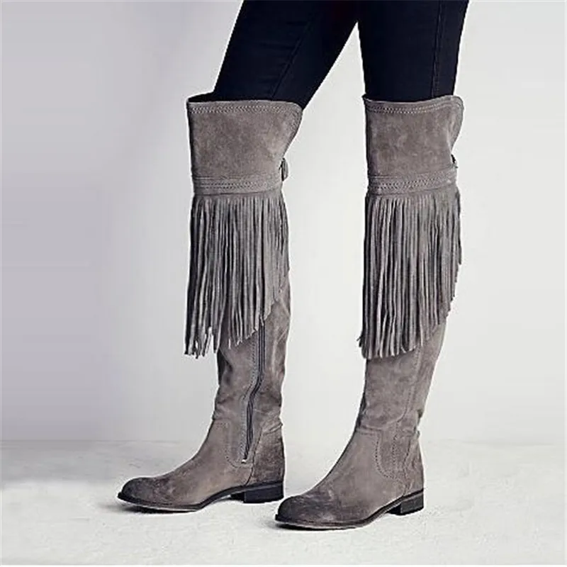 Prova Perfetto/модные женские сапоги до бедра с бахромой замшевые выше колена на