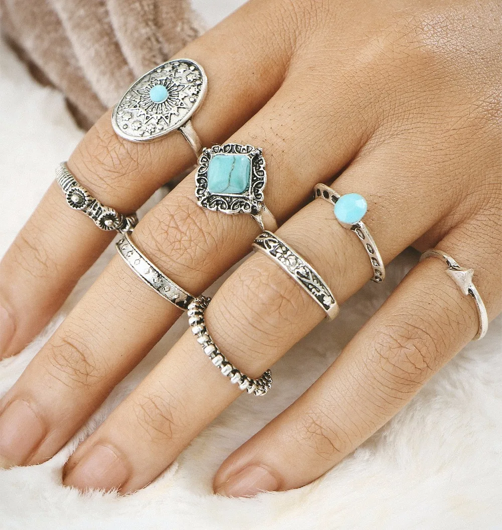 Women Retro Knuckle Ring Sets 8piece /set Blue Stone Jewelry Big Rings Midi Joint Carved Heart Party Fashion | Украшения и