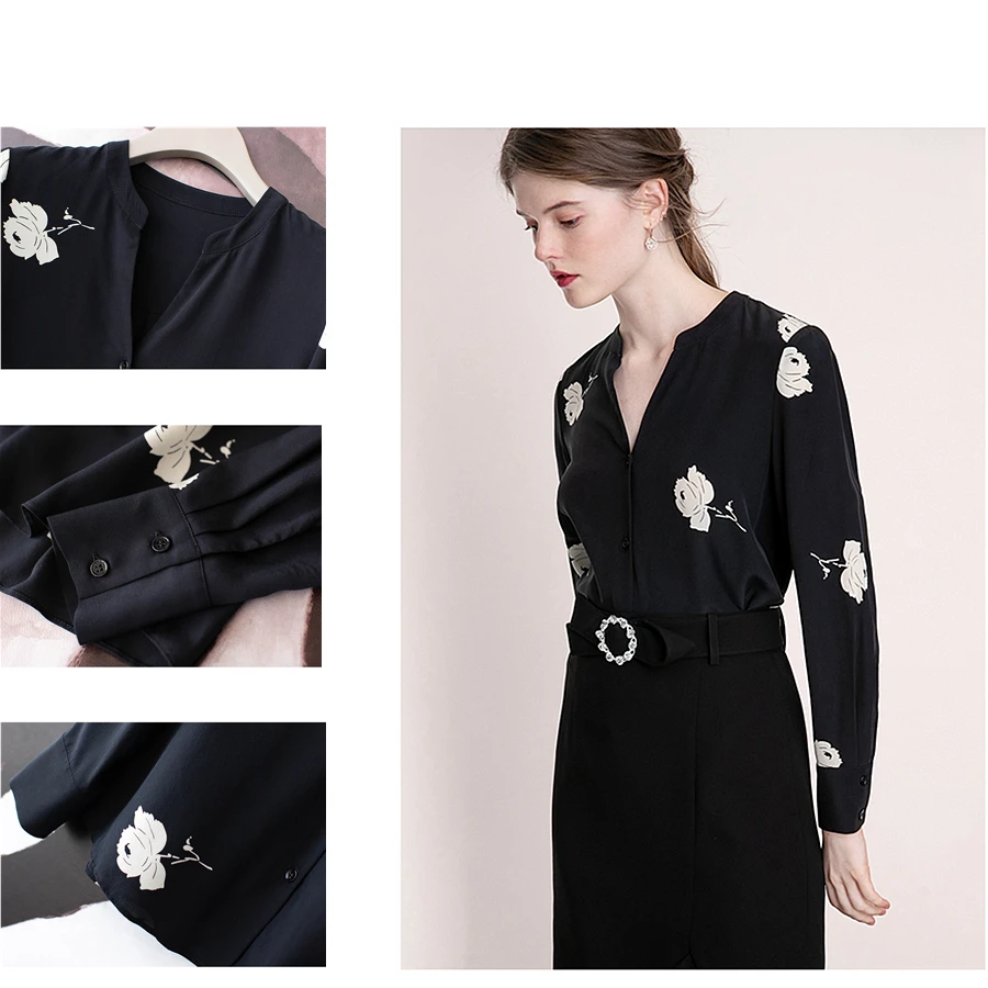 Шелковая женская блузка с принтом розы, v-образный вырез, длинный рукав, элегантный стиль, легкая ткань, топ, новая мода, весна