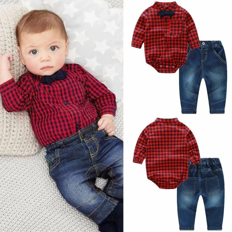 

2PCS Newborn Baby Boy Romper Clothes Bodysuit Plaid Tops+Jeans Pants fashion Comfortable Outfits Set
