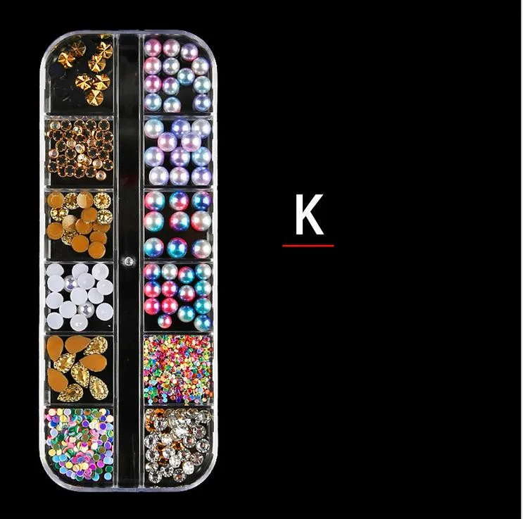 K 12 ячеек украшения для ногтей блестки Стразы Блестки Кристалл драгоценные камни Икра лук акриловая Снежинка Гель-лак для УФ-лампы 3D Советы Маникюр - Цвет: K