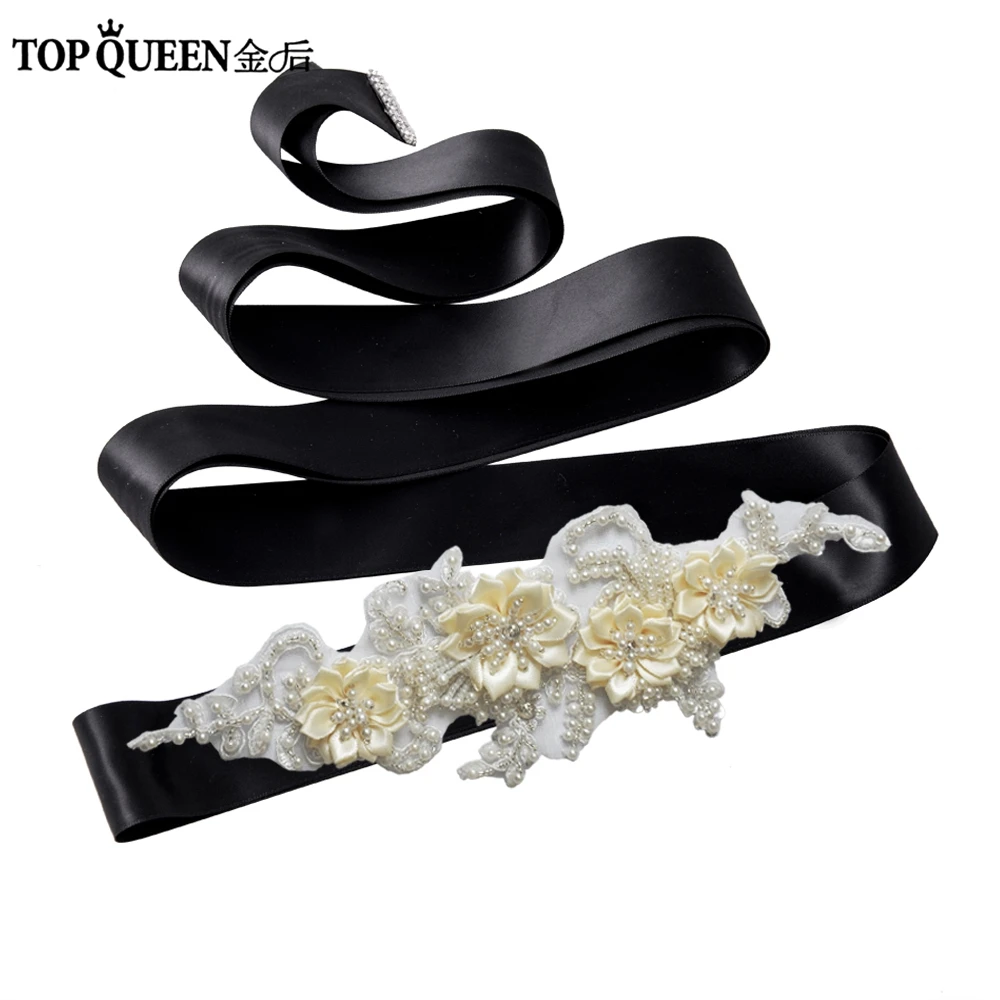 Black TOPQUEEN, S346, пояс для невесты, стразы, цветок, жемчуг, лист, ткань, цветок, пояс для невесты, пояс для невесты с большим цветком из ткани - Цвет: Black