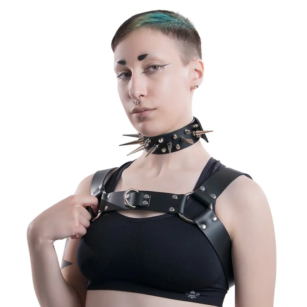 Women leather harness punk rivet black style club wear handmade chest harness with choker gothic lolita belts