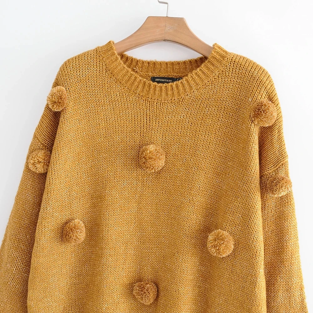 Зимние Топы для женщин модный вязаный свитер с длинным рукавом и помпонами