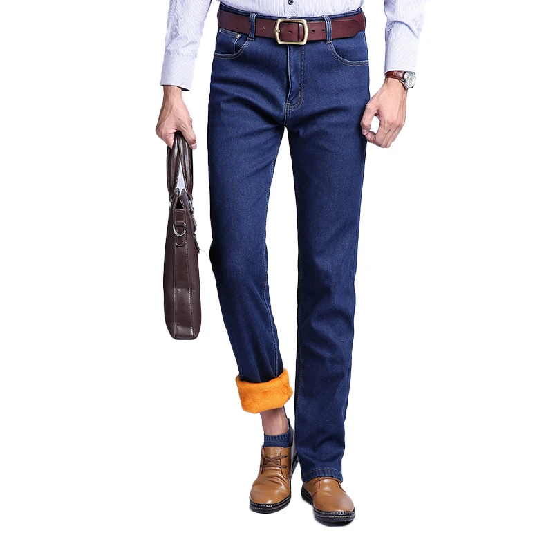 JEYWOOD Mens Winter Fleece Jeans Classic Stretch Warm Flannel Denim Pants Elastic Male Designer Men's Trousers | Мужская одежда