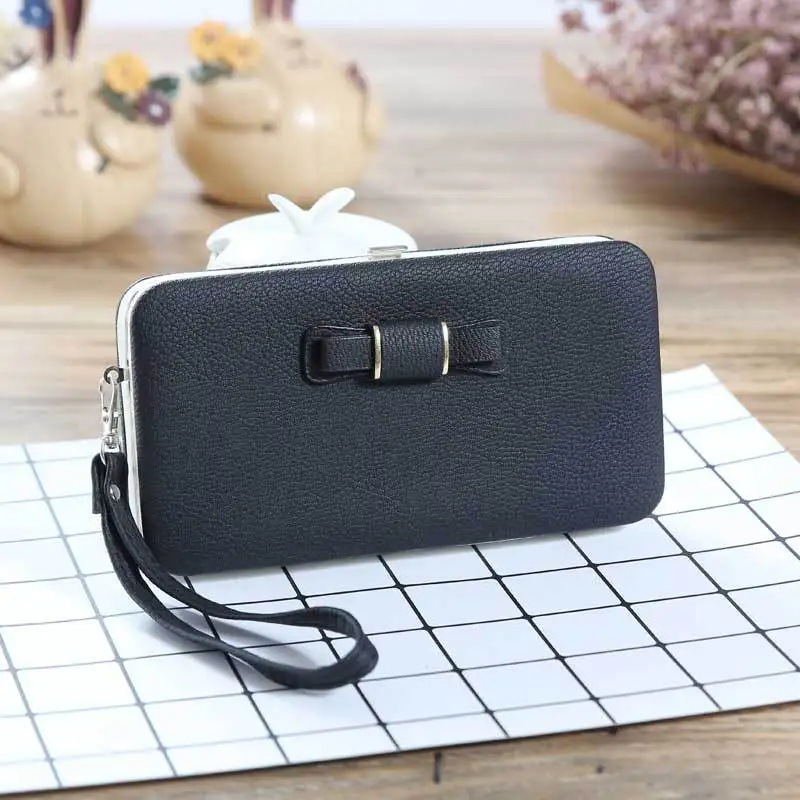 black Aosbos кошелек личи с бантом, Женский известный бренд, держатель для ID карт, карман для мобильного телефона, кошелек из искусственной кожи, женский клатч для денег - Цвет: black