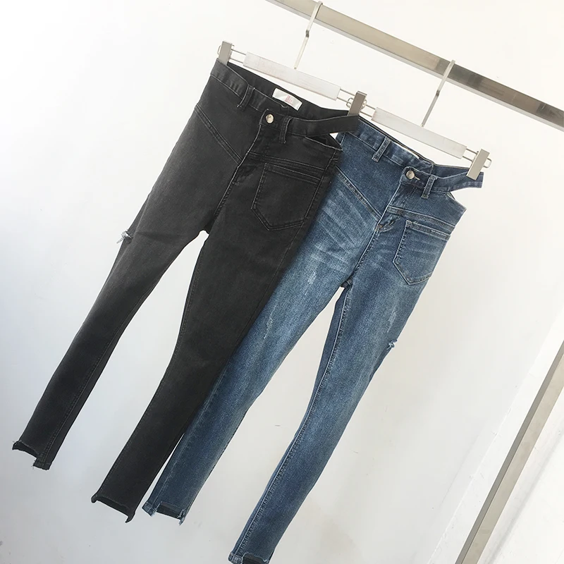 

High Waist Ripped Bottom Asymmetrical Denim Trouser For Women Korean Casual 2019 Spring Fashion New jeans H182
