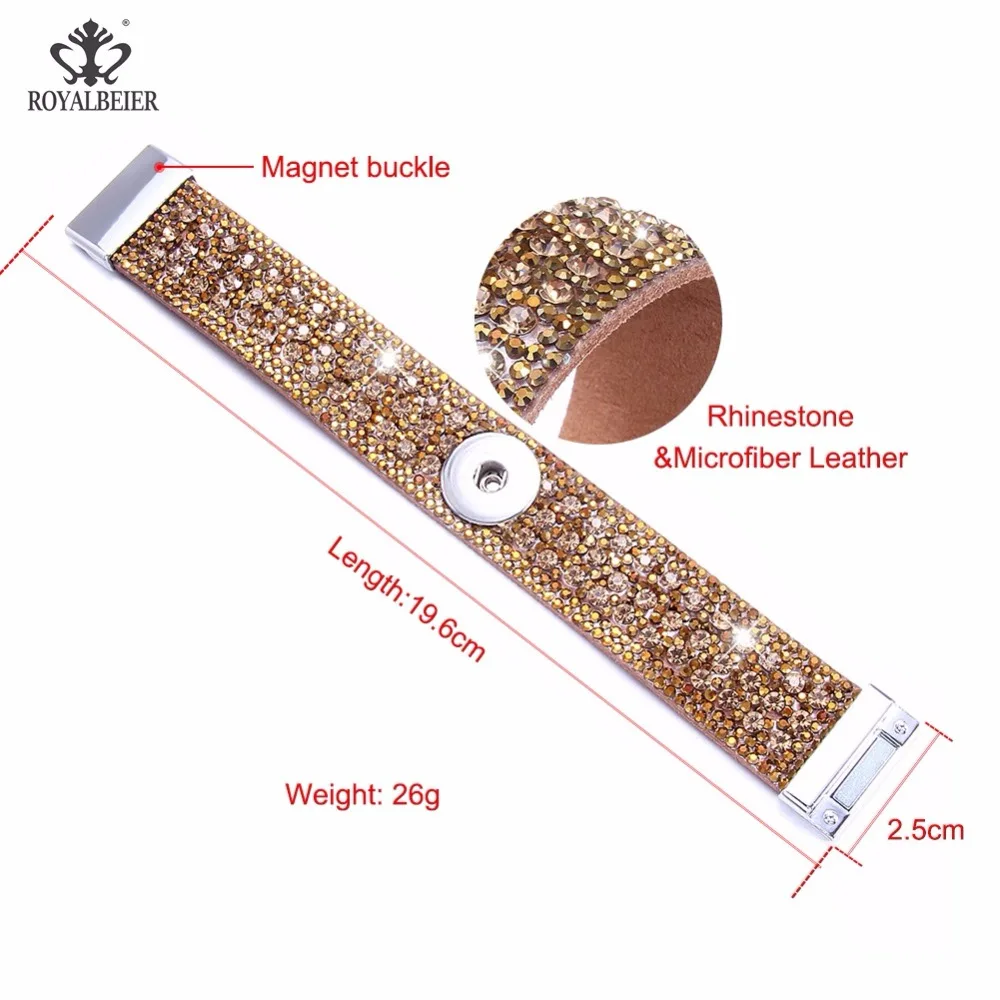 

RoyalBeier Wide Leather Rhinestone Bracelet fit 18mm/20mm Snap Button Matte and bright Magnet Buckle Bracelet for Women pulseras