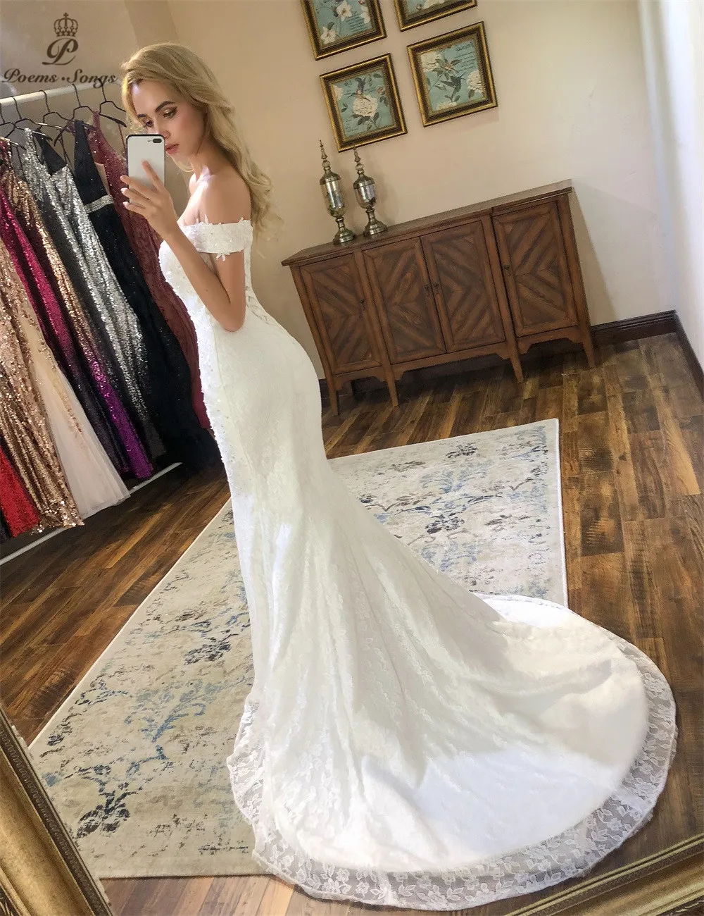 PoemsSongs new style boat neck beautiful lace wedding dress 2021 Vestido de noiva Wedding gowns Mermaid |