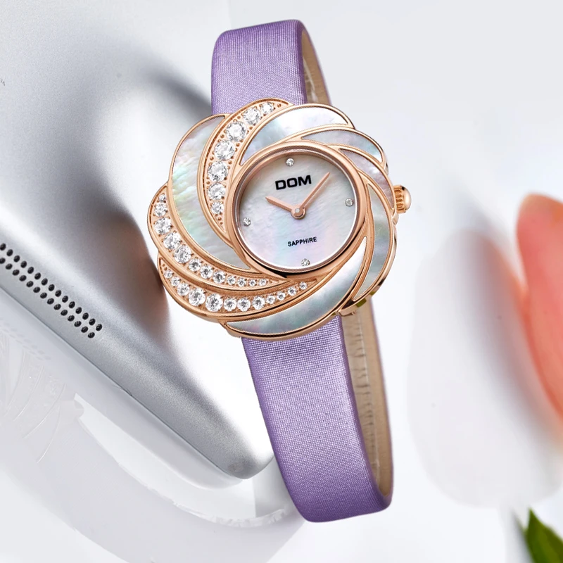 DOM Для женщин кварцевые часы кожаный ремешок Топ бренд класса люкс кристалл