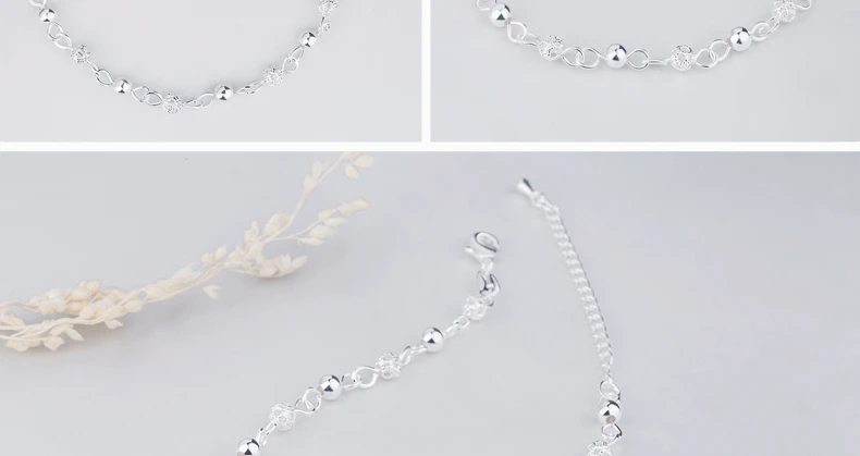 Fashion 925 Sterling Silver Anklet fine Jewelry bead crystal Foot Chain For Women Girl S925 Silver Ankle Chain Leg Bracelet