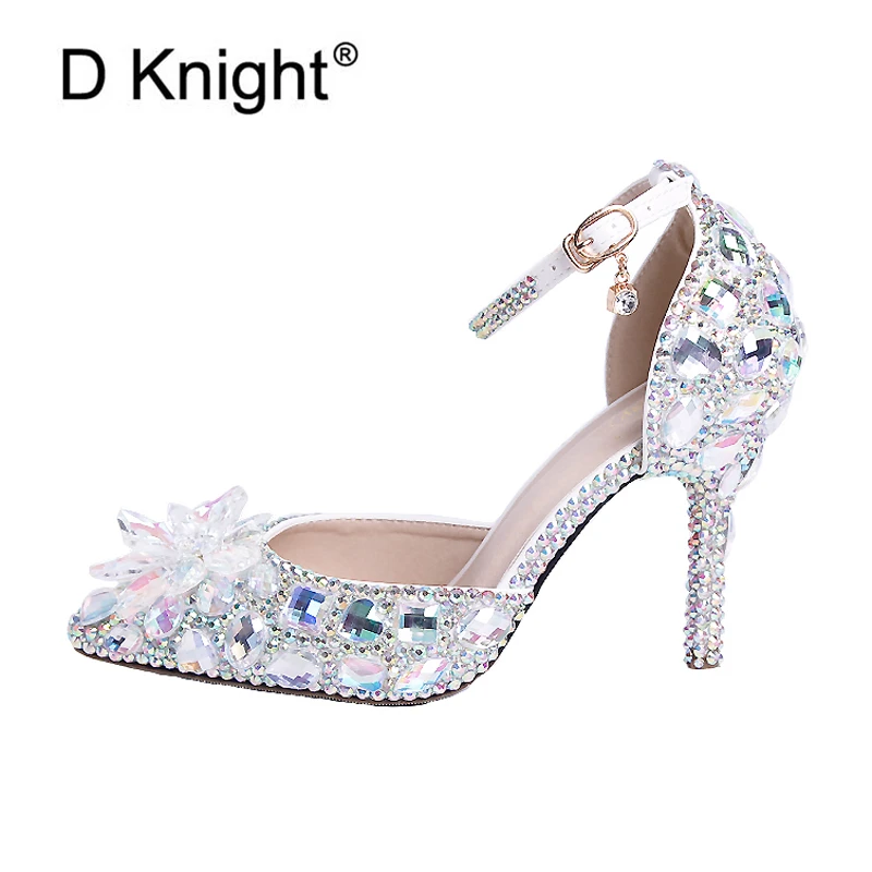 

European Wedding Shoes Female White Drill Rhinestone Crystal Shoes Stiletto Pointed Toe Bridal Shoes Fashion High Heels Pumps