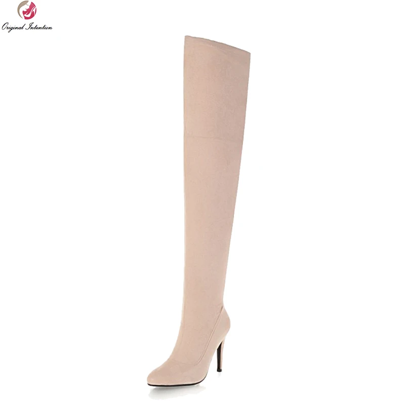 

Original Intention Sexy Women Thigh High Boots Pointed Toe High Heels Boots Black Pink Grey Nude Shoes Woman Plus US Size 3-16
