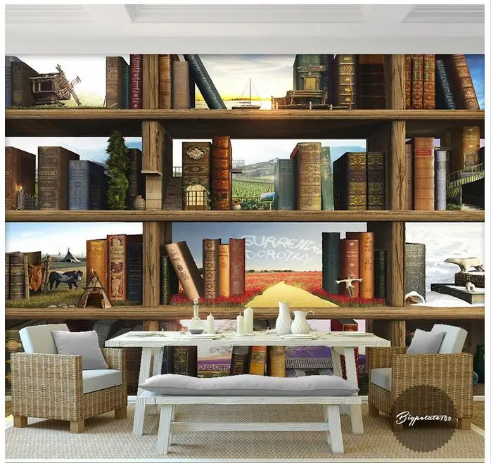 Фотообои 3d фрески обои для стен 3 d книжный шкаф настенные деревянные полки книги