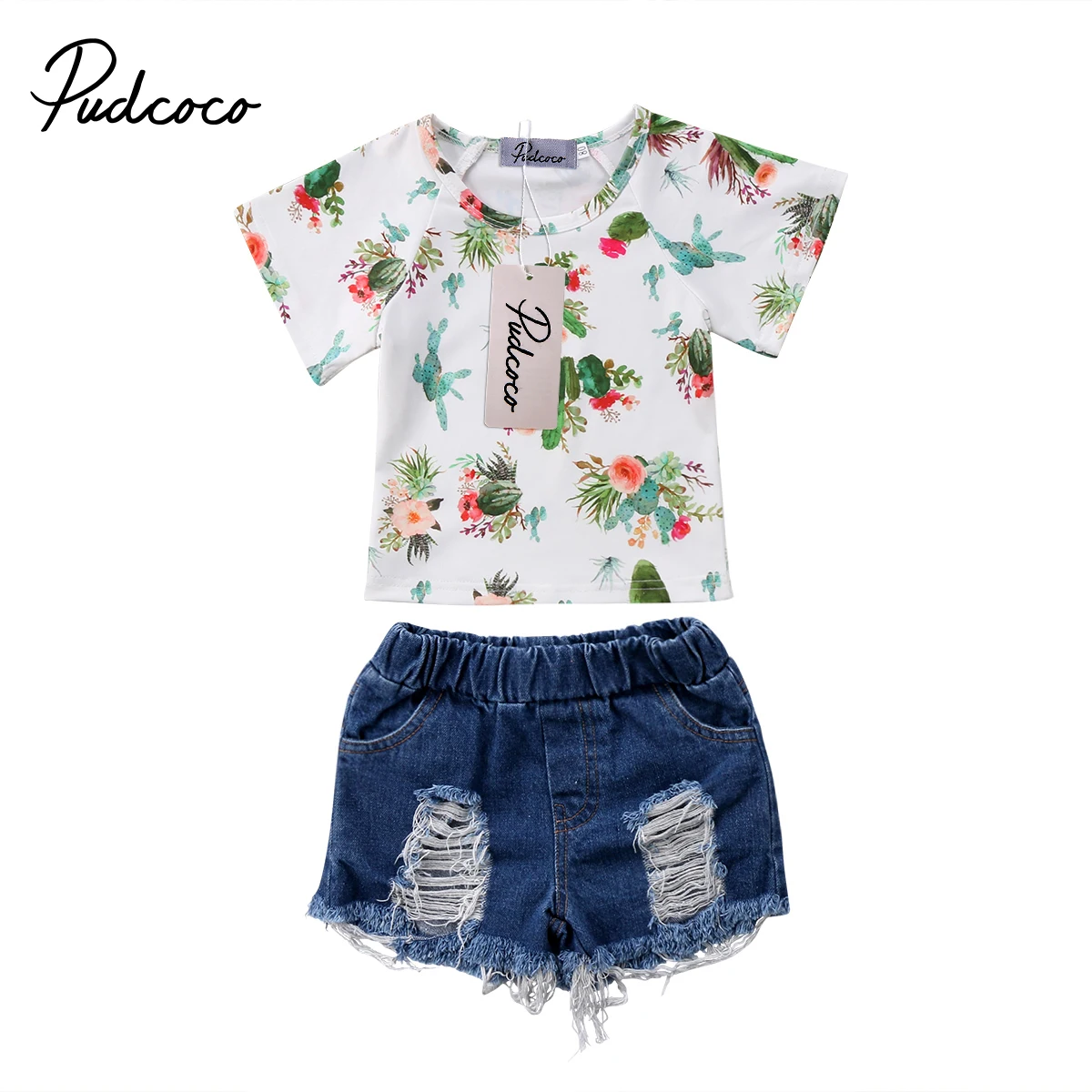 Летняя одежда для маленьких девочек 2 шт. топы с принтом цереус футболка рваные