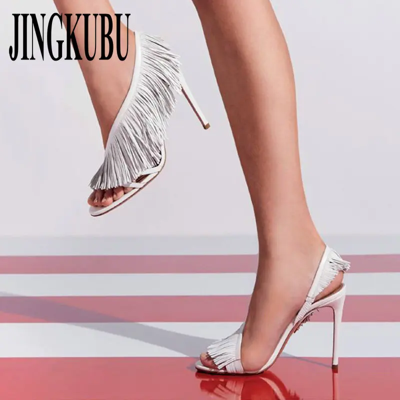 

JINGKUBU 2019 Tassel Sandals Women Gladiator Summer Bohemia Thin High Heels Sandal Lady Shoes Fashion Party Dress Peep Toe Shoes