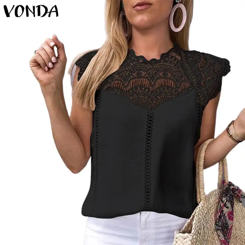 VONDA, женская блузка, туника, сексуальная, без рукавов, кружевная рубашка, OL, Офисная Женская рубашка, открытые, вечерние, топы, Camisas, белого цвета, размера плюс