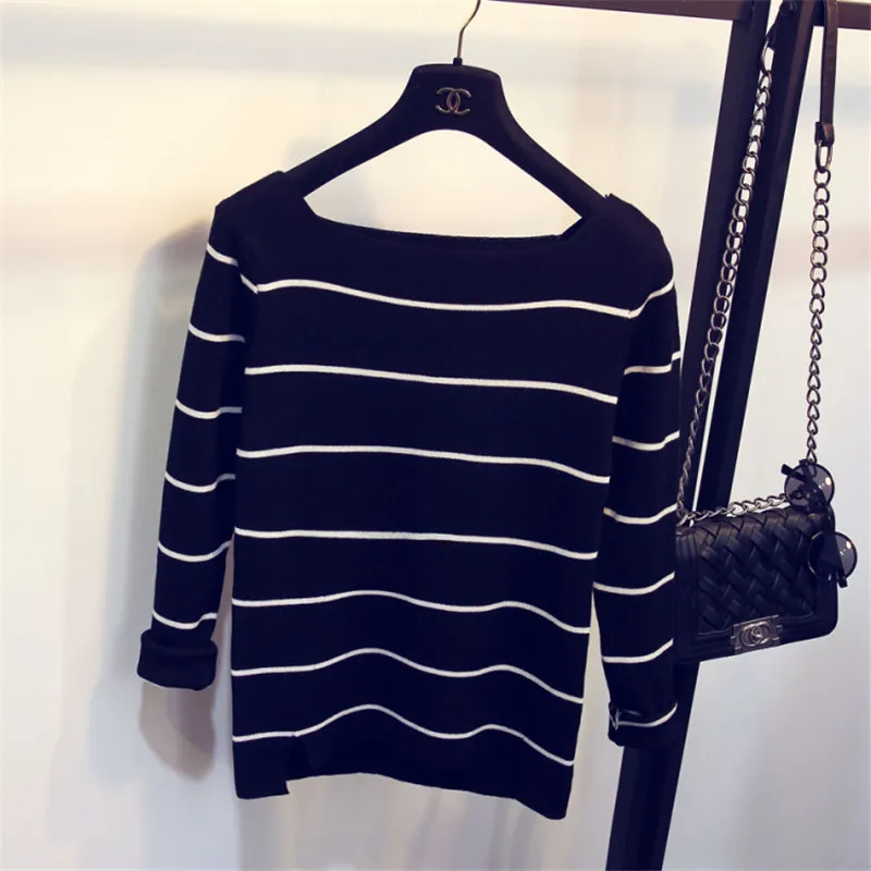 Высокой Упругой Трикотажные Полосатый Свитер 2016 Весна Осень Сплит Рождество