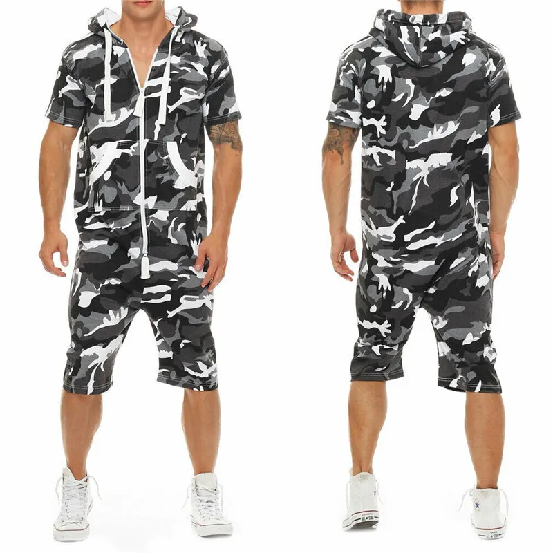 Camouflage HIRIGIN Stylish Men Short Sleeve Romper Casual Jumpsuit Hooded One Piece Playsuits Wear Sets - Цвет: Camouflage