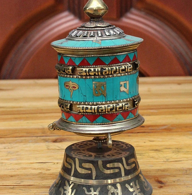 Старый Тибет Буддизм Храм Бронзовый Инкрустация Бирюзовая Молитвы Колеса Ступа