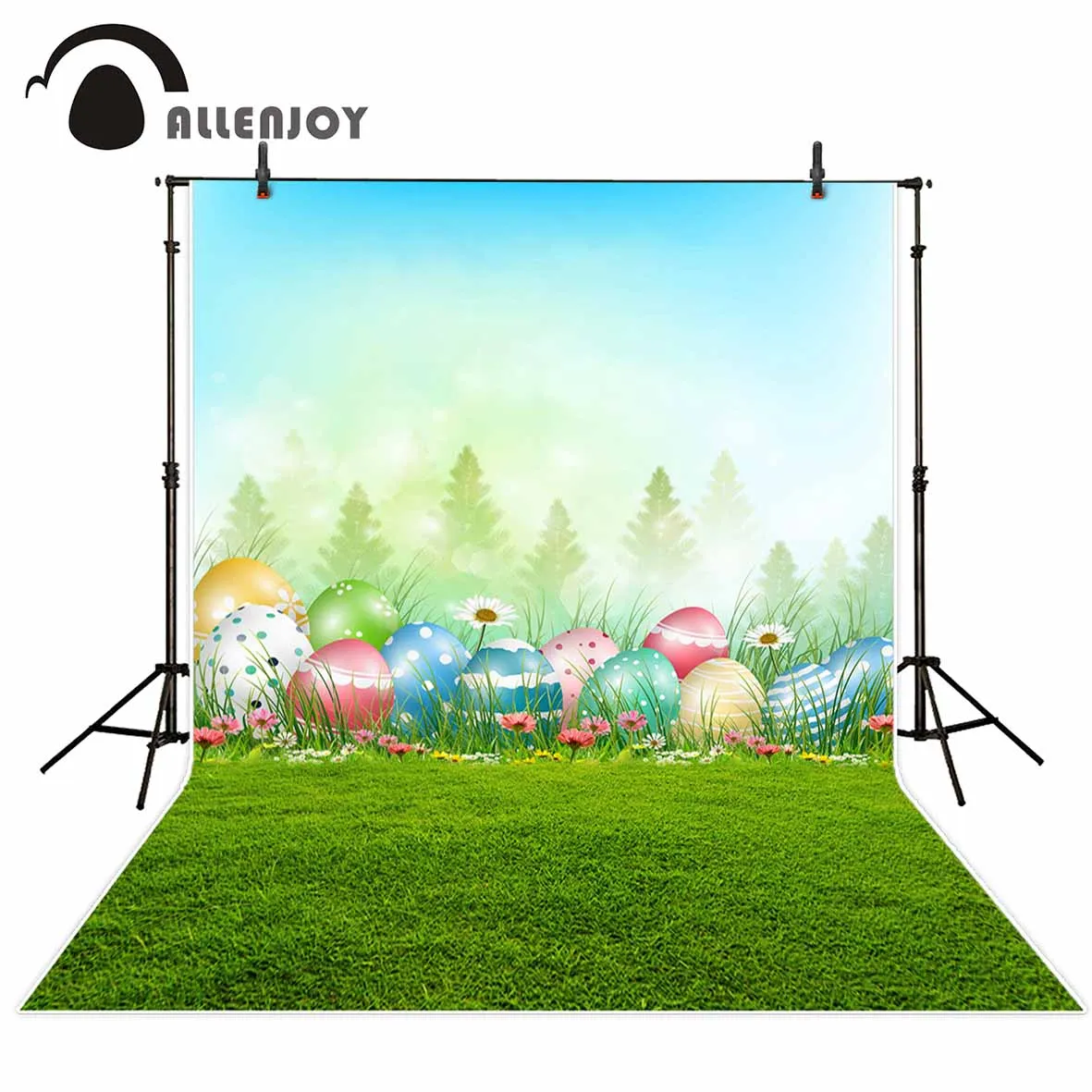Allenjoy красочные пасхальные яйца в траве ромашки на пастельном синем фоне лес фото