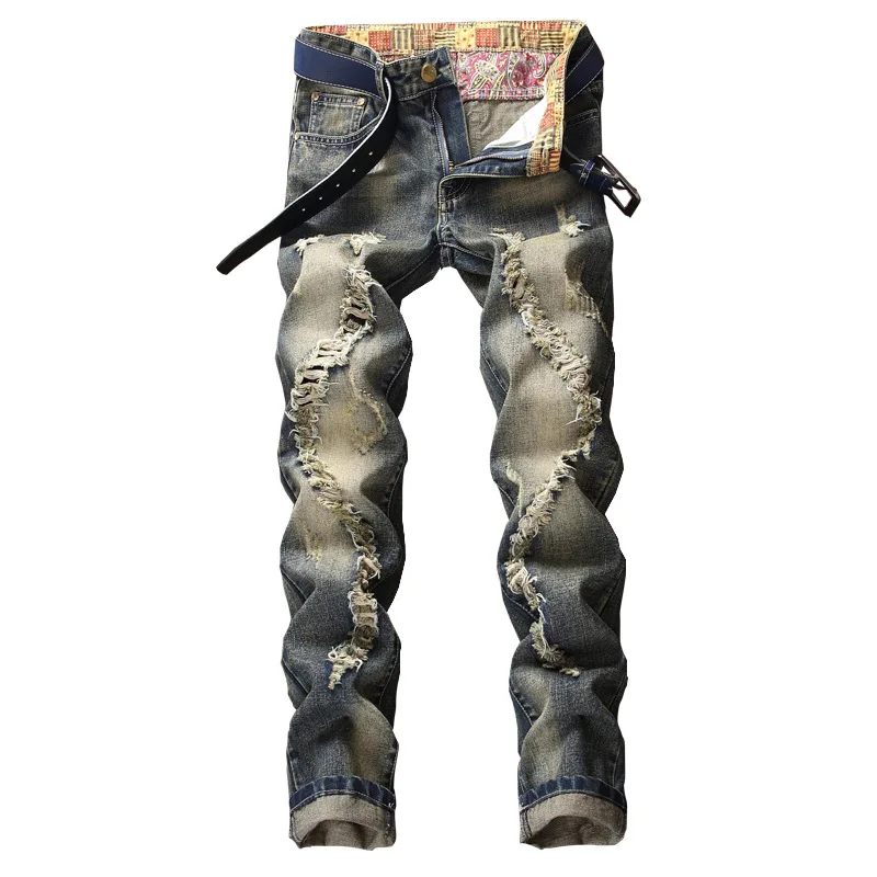 Рваные мужские джинсы Стрейчевые облегающие отбеленные рваные в стиле ретро