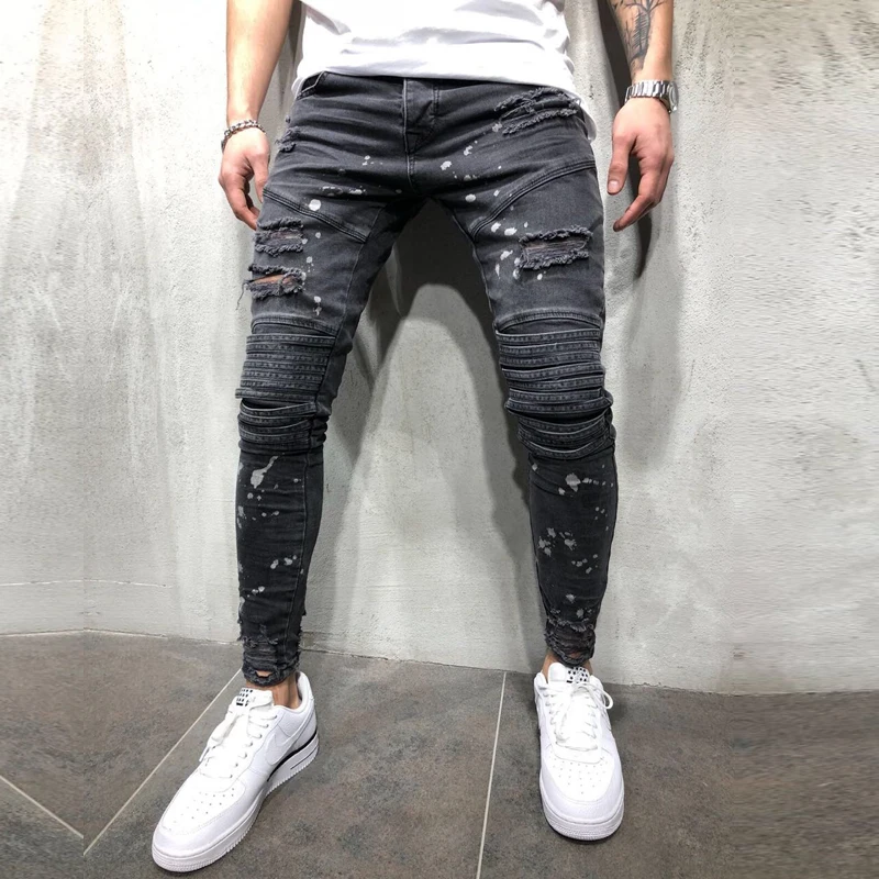 Мужские рваные джинсы Slim Fit Проблемные Джинсовые штаны уличная мужской хип хоп