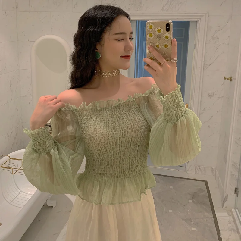 Блузка женская шифоновая на пуговицах однотонный топ с воротником лодочкой и