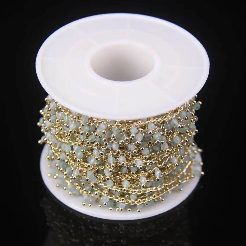 5Meter 2mm Faceted Aquamarine Rosary Chain Small Size Round Beads Gold Color Brass Wire Wrapped Necklace Sweater Chains | Украшения и