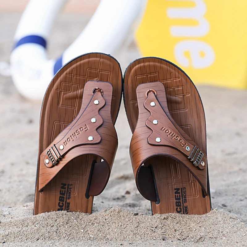 

YEINSHAARS New Arrival Slippers High Quality Leather Flats Summer Shoes Fashion Men Beach Sandals Flip Flops
