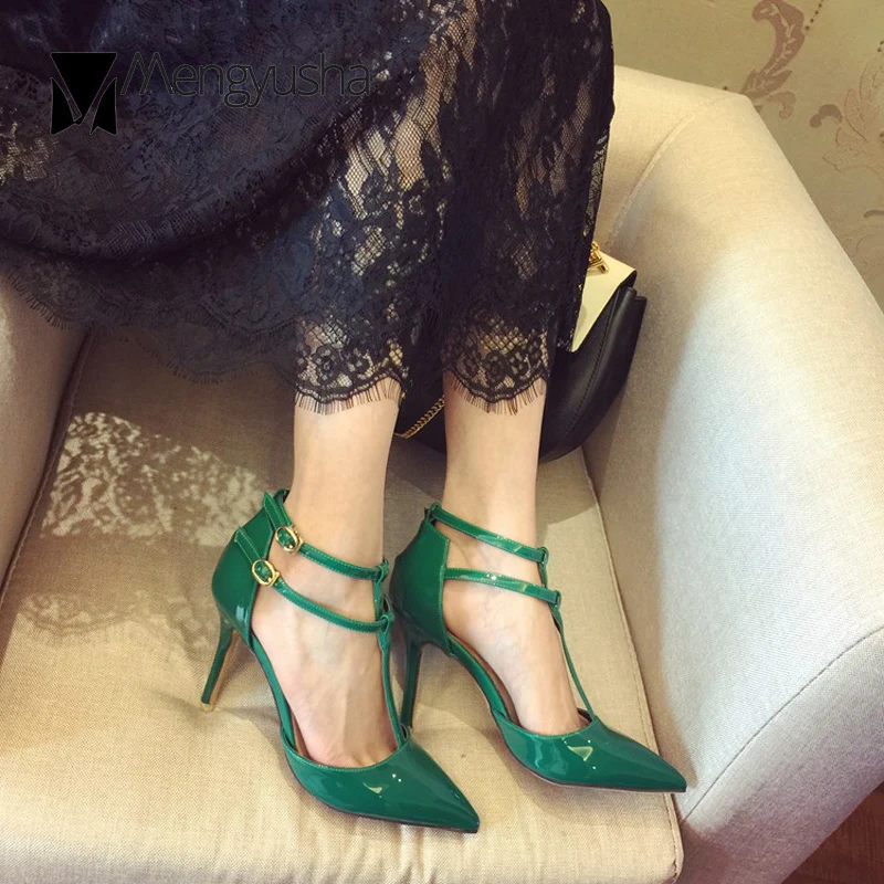 Популярные зеленые туфли лодочки в стиле ретро из лакированной кожи на высоком