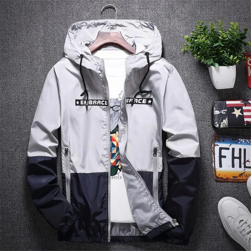 Новинка, весенне-осенняя куртка-бомбер с капюшоном, мужская повседневная тонкая Лоскутная Солнцезащитная мужская куртка-ветровка, верхняя одежда на молнии, тонкое пальто
