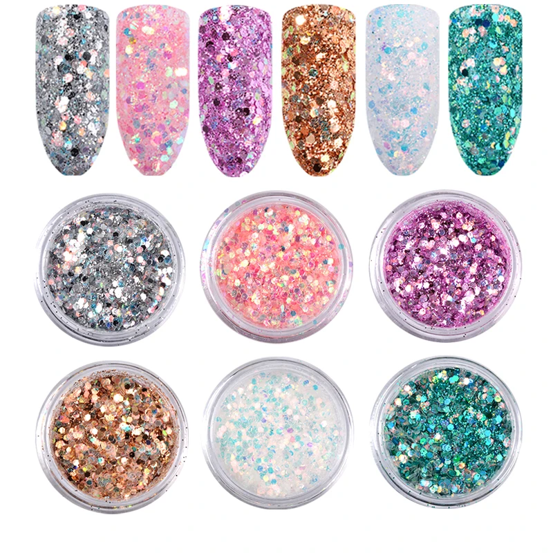 

6Pcs Laser Mixed Nail Art Sequins Glitters Set Charm 3d Nail Powder Paillette Flakes DIY Nail Decorations