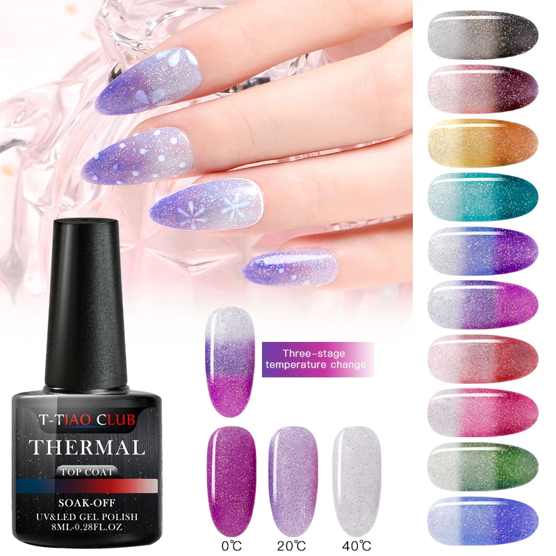 

T-TIAO CLUB Rainbow Thermal Color Changing Top Coat Gel Polish Soak Off UV LED Gel Varnish Holographic Glitter Effect Nails Art