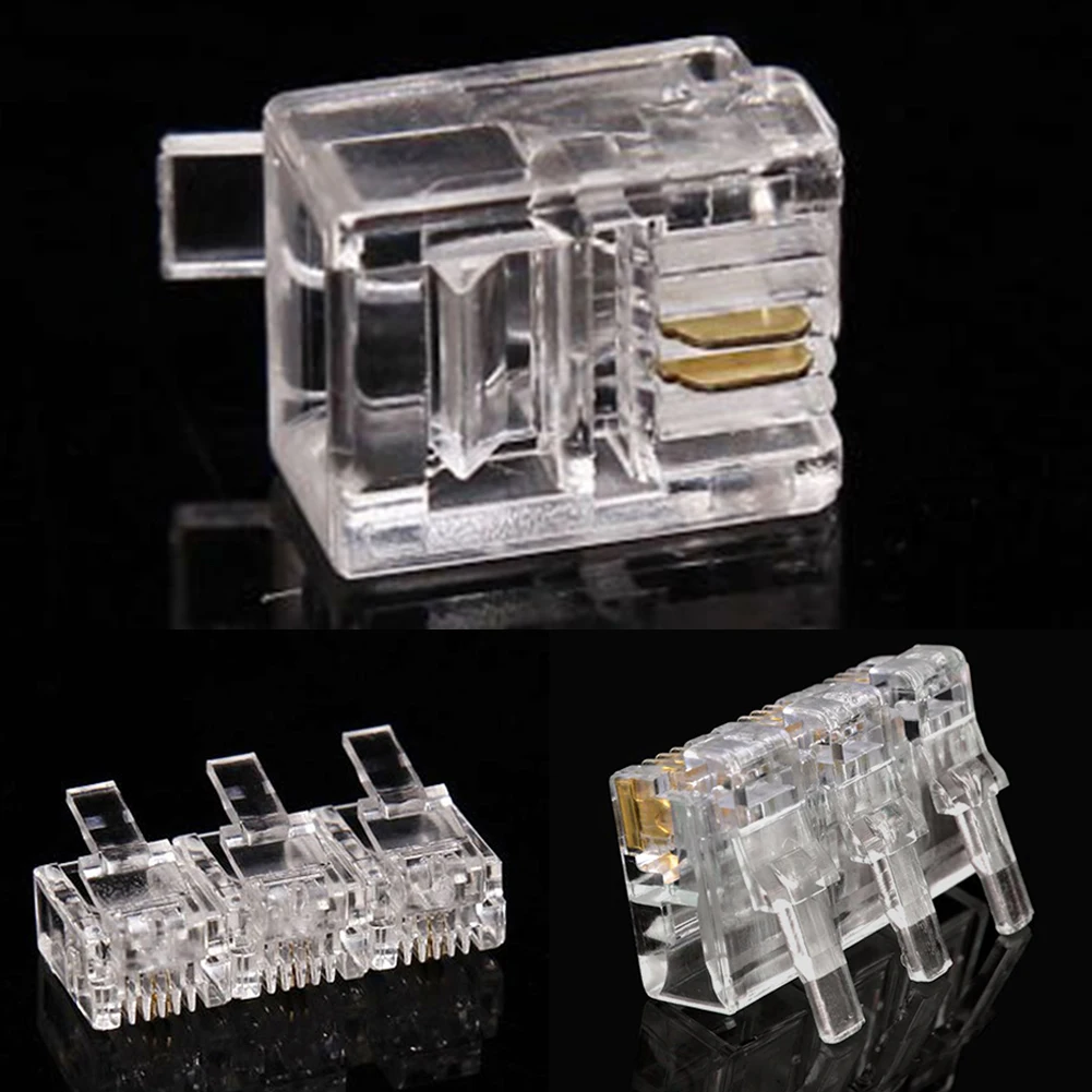 Crimp Network Transparent Cable Systems Gold Plated Contact Telephone RJ11 6P2C Powerful Connector Office Modular Plug 100Pcs |