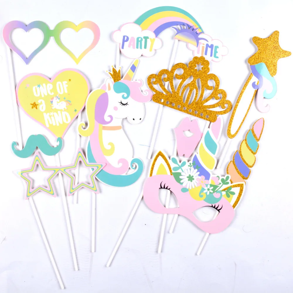

10pcs/set Unicorn Party Decorations Photo Booth Props With Stick For Baby Shower Baby Kids Unicorn Birthday Party Supplies