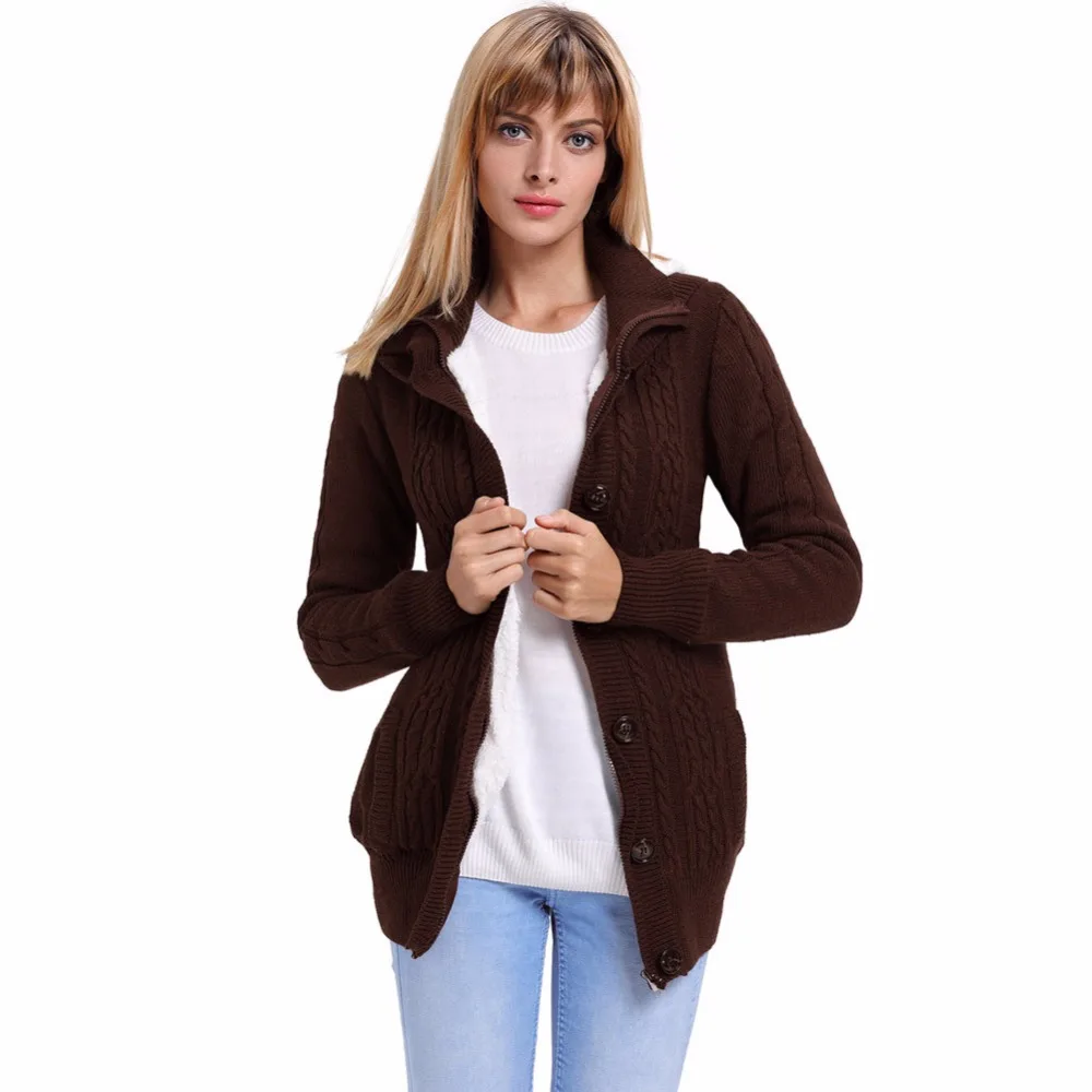 Autumn Winter 2018 New Knitted Sweater Single Row Button and Zipper Women Cardigan Hooded Jacket with Fleece D130 |