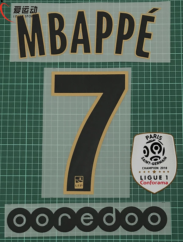 2018 19 MBAPPE #7 именной комплект + заплатка чемпиона Лиги 1 из OOREDOO Paris away nameset|Заплатки| | - Фото №1