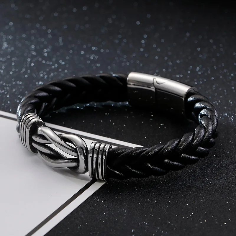 Мужской плетеный браслет из кожи и титановой стали с двойной пряжкой | Украшения
