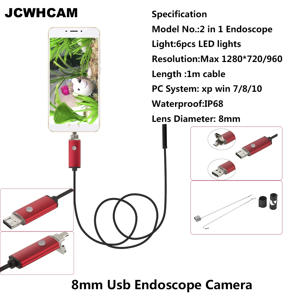 USB эндоскоп JCWHCAM 2 в 1 МП м Android HD камера 8 мм IP67 Водонепроницаемая 720P Мобильный